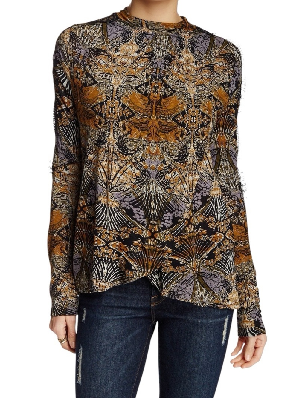 Free People New World Nouveau Blouse Top Lace Trim Abstract Print